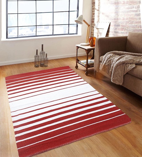 Red & White Polypropylene Striped 3 x 5 Feet Dhurrie