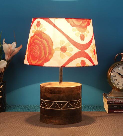 Antonio Red & White Fabric Shade Table Lamp With Mango wood Base by Foziq
