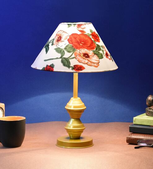 Red & White Shade Table Lamp With Metal Base By Foziq