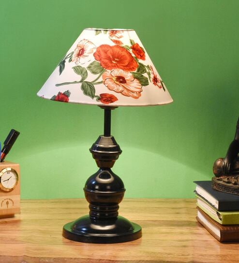 Red & White Shade Table Lamp With Metal Base By Foziq