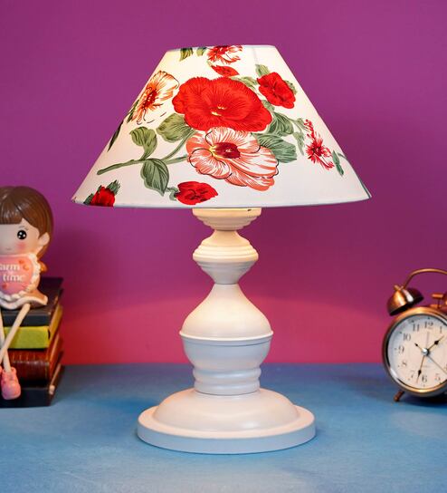 Red & White Shade Table Lamp With Metal Base By Foziq