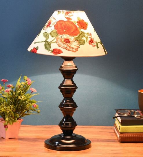 Red & White Shade Table Lamp With Metal Base By Foziq