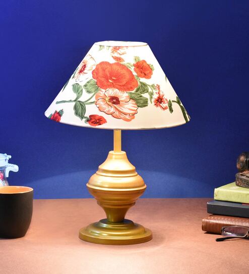 Red & White Shade Table Lamp With Metal Base By Foziq
