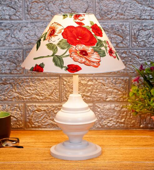 Red & White Shade Table Lamp With Metal Base By Foziq