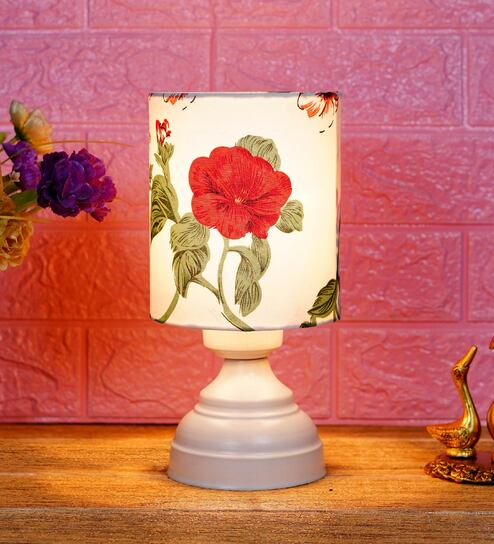 Red & White Shade Table Lamp With Metal Base By Foziq