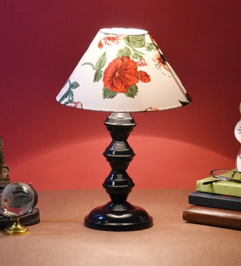 Red & White Shade Table Lamp With Metal Base By Foziq