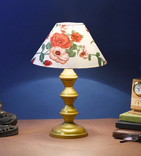 Red & White Shade Table Lamp With Metal Base By Foziq