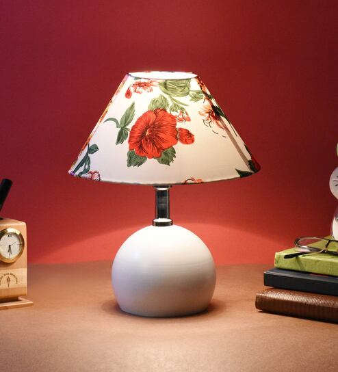 Red & White Shade Table Lamp With Metal Base By Foziq