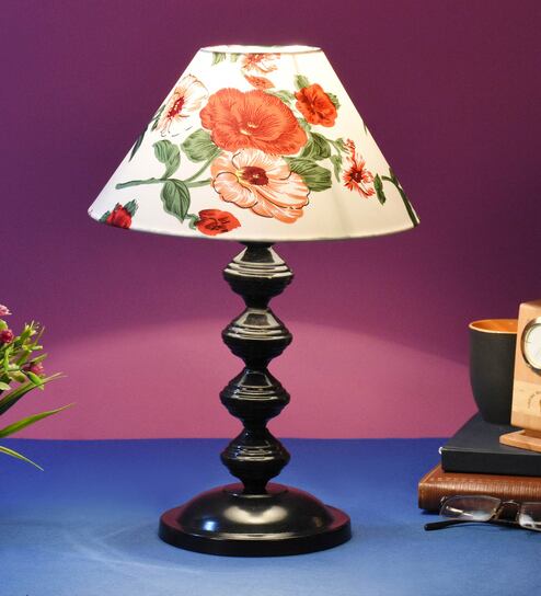 Red & White Shade Table Lamp With Metal Base By Foziq