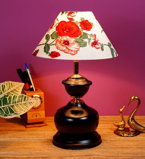 Red & White Shade Table Lamp With Metal Base By Foziq