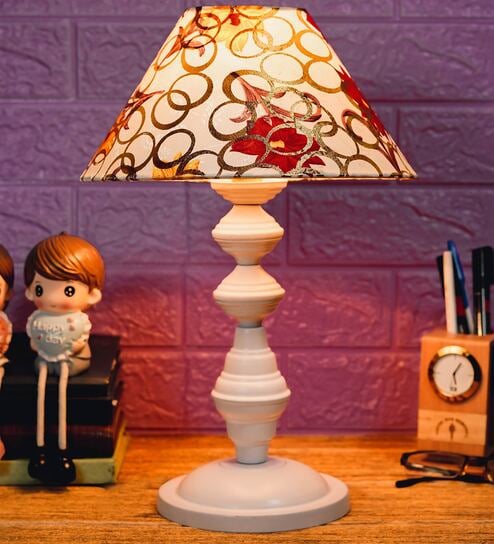 Red & Yellow Shade Table Lamp With Metal Base By Foziq