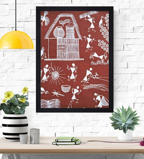 Red "Ethnic Dhokra and Warli Art " Textured Paper Scratch/Dust Proof Framed Art Print by Chaque Decor