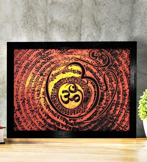 Red "Om Mantra" Textured Paper Scratch/Dust Proof Framed Art Print by Chaque Decor