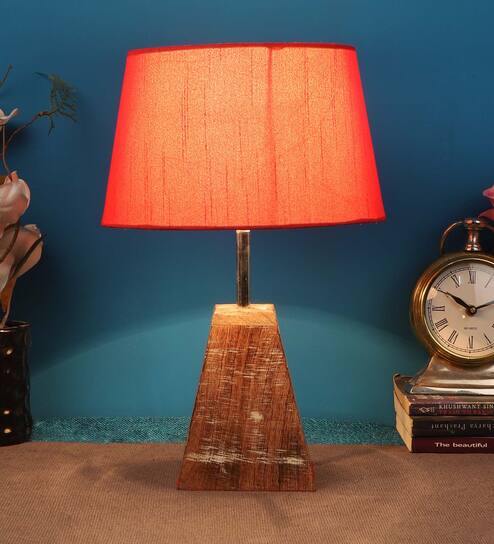 Red  Shade Table Lamp With Brown Woodden Base