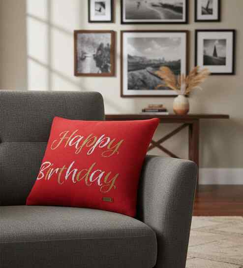 Red Silver Metallic Thread 95% Combed Cotton 5% Metallic Thread Knitted Cushion Cover Happy Birthday 16X16 Inches Knitted Cushion Cover