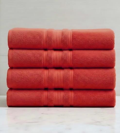 Red Soft Cotton 500 GSM Solid Bath Towel Pack Of 4