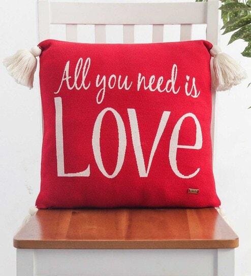 Red 100% Cotton All You Need is Love 16x16 Inches Cushion Cover by Pluchi