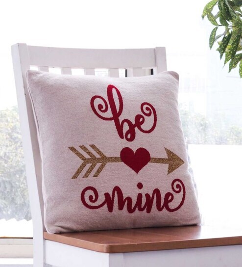 Red 100% Cotton Be Mine 16x16 Inches Cushion Cover by Pluchi