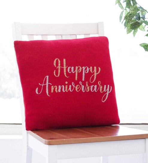 Red 100% Cotton Happy Anniversary 16x16 Inches Cushion Cover by Pluchi