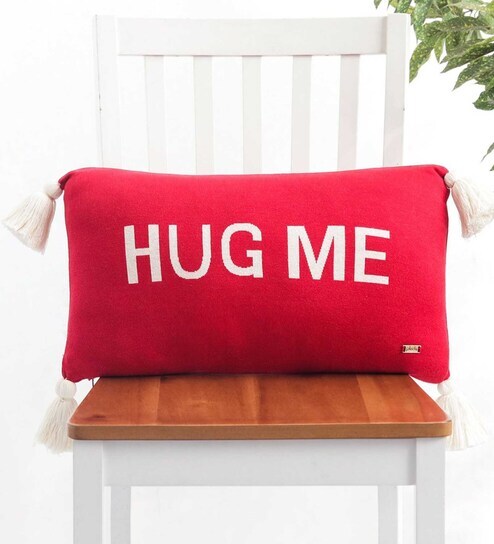 Red 100% Cotton Hug Me 12x20 Inches Cushion Cover by Pluchi