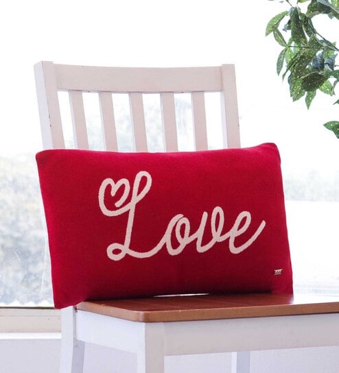 Red 100% Cotton Love 12x20 Inches Cushion Cover by Pluchi