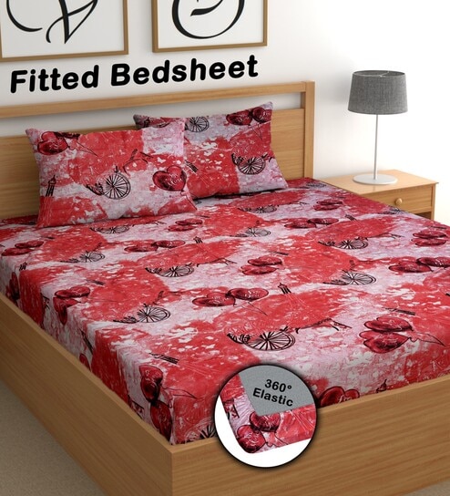 Red 180 TC Floral Cotton Fitted Double Bedsheet 2 Pillow covers