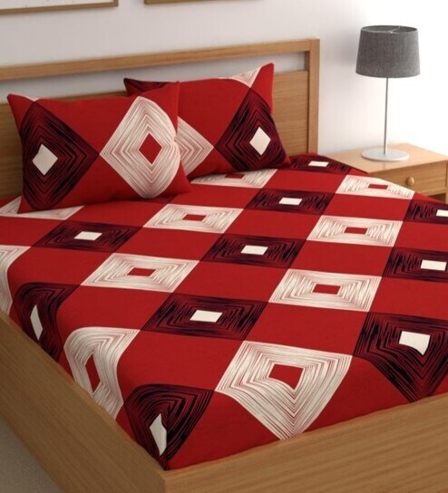 Red 180 TC Geometric Cotton Queen Double Bedsheet 2 Pillow covers