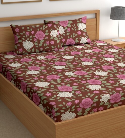 Red 180 TC Floral Cotton Queen Double Bedsheet 2 Pillow covers