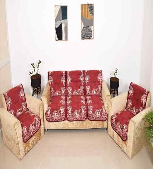 Red 5 Seater Floral 10Pcs Sofa Covers