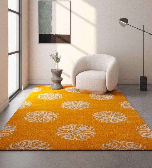 Yellow Floral Wool 3 ft X 5 ft Hand Tufted Carpet by Jaipur Rugs