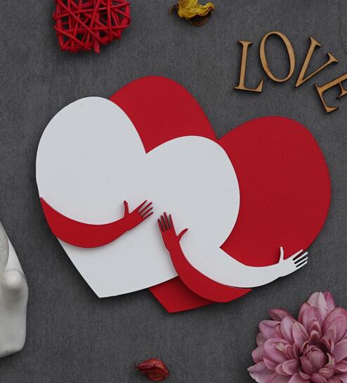 Red And White Heart Hugging Each Other Red & White Engineered Wood Wall Art