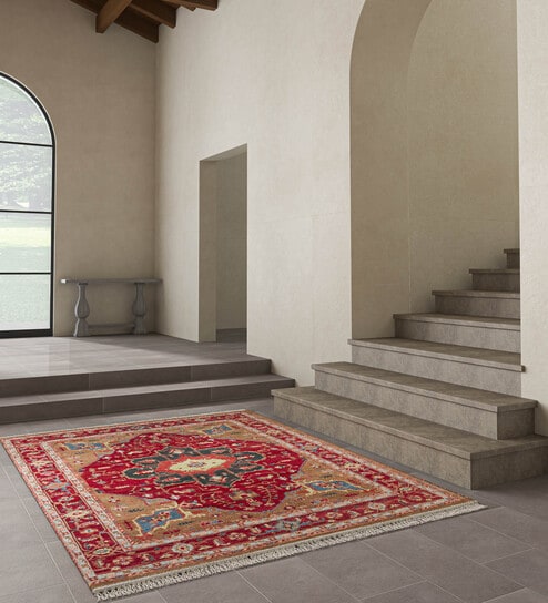 Red And Orange Wool Traditional 8 ft x 10 ft Hand Knotted Carpet