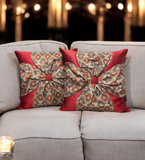 Red Art Silk Chanderi Textured Floral 16x16 inches Cushion Covers (Set of 2)