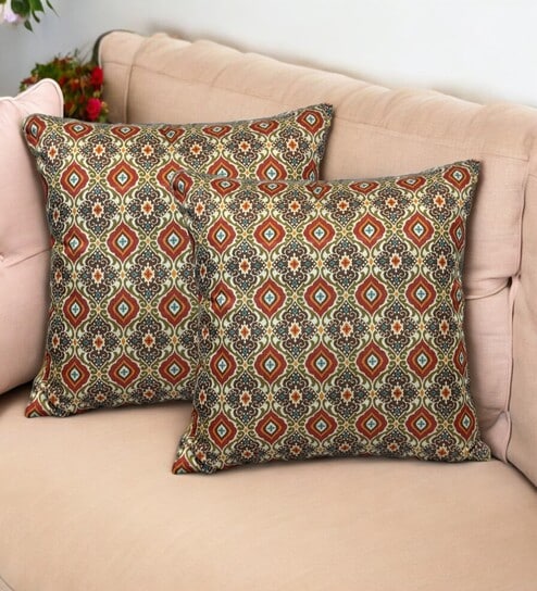 Red Art Silk Chanderi Textured Floral 16x16 inches Cushion Covers (Set of 2)