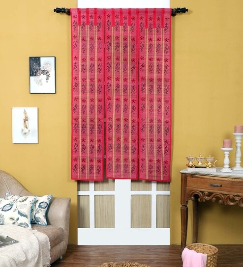 Red Bamboo Floral 6Ft Semisheer Fabric Loops Window Curtain (1 Pc)
