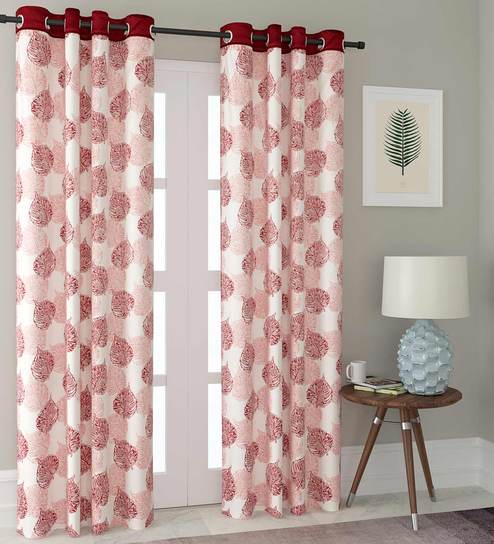 Red Floral Polyester 7 Ft Semisheer Eyelet Door Curtains (Set of 2)