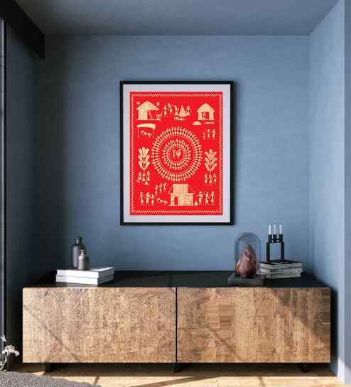 Red Canvas Printed Warli Framed Art