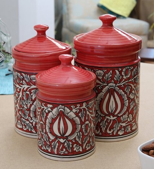 Buy Ceramic Handpainted Jar Set Of 3 By Miah Decor Online