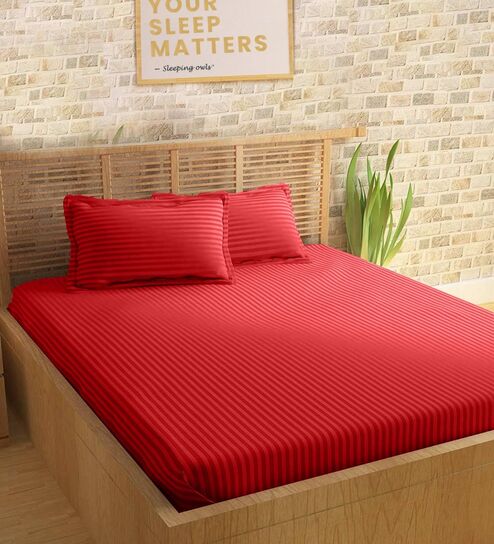 Red 210TC Cotton stripe 1 Super King Bedsheet with 2 Pillow Covers