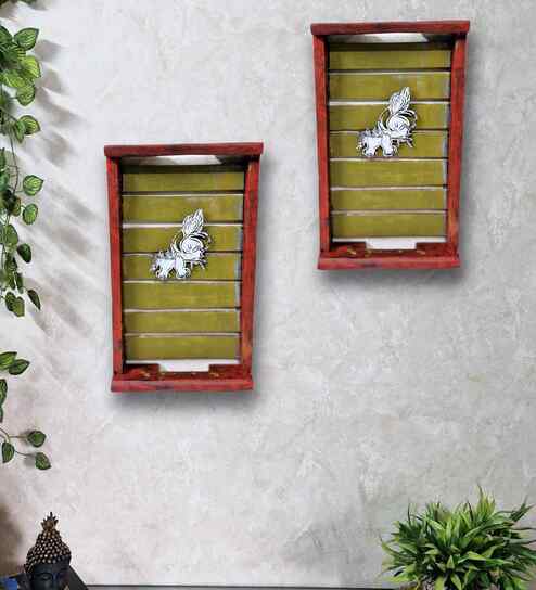 Red Colour Distress Look Sheesham Wood Handcarved Rectangular Set Of 2 Wall Art With Krishna