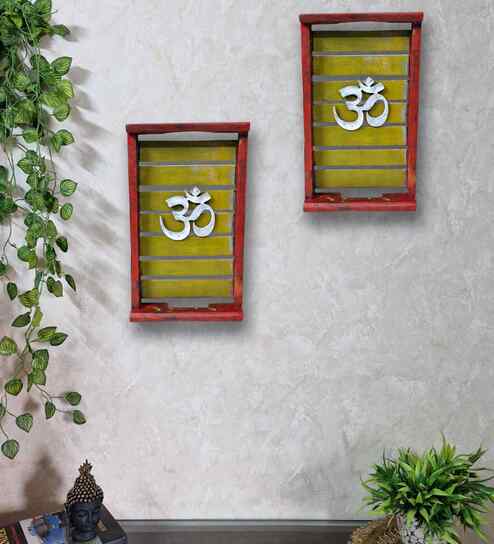 Red Colour Distress Look Sheesham Wood Handcarved Rectangular Set Of 2 Wall Art With Om