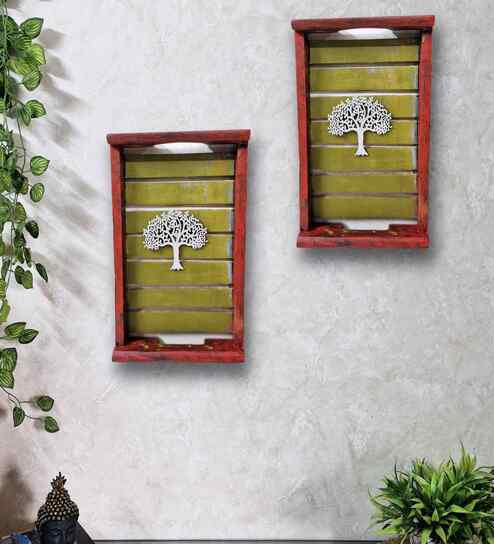 Red Colour Distress Look Sheesham Wood Handcarved Rectangular Set Of 2 Wall Art With Tree