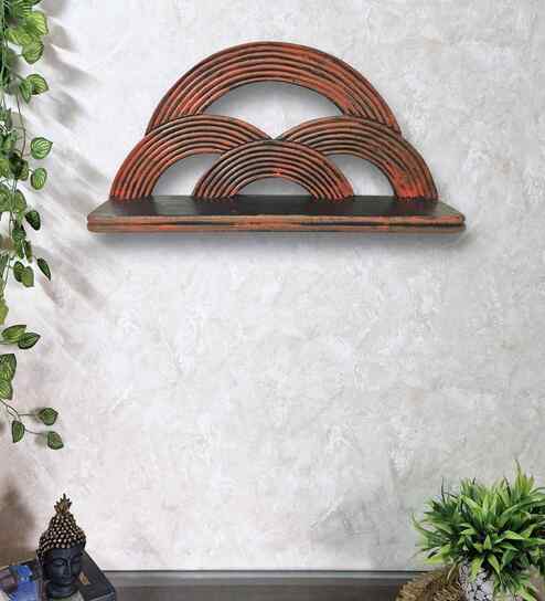 Red Colour Solid Wood Handcarved Floating Wall Shelf In Rainbow Design