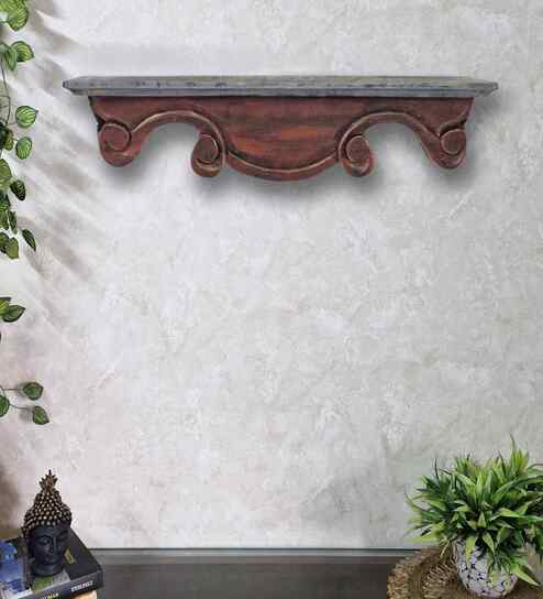 Red Colour Solid Wood Handcarved Floating Wall Shelf