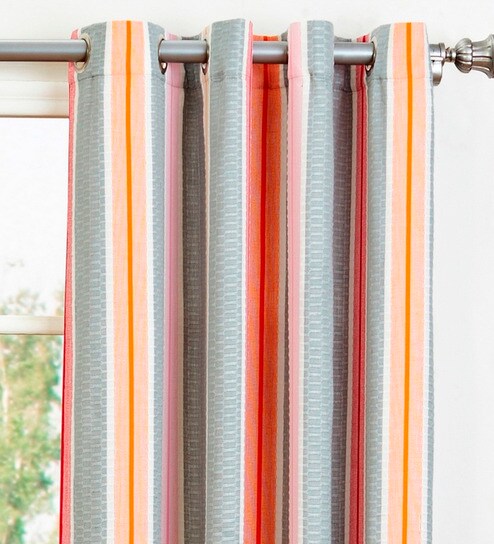 Buy Red Cotton 96 X 42 Inch Striped Door Curtain Set Of 2 By