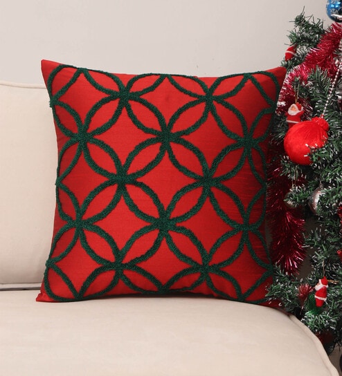 Red Textured Cotton Blend 16 x 16 Inches Cushion Cover by Zeba
