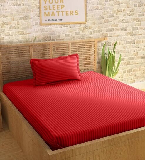 Red Cotton 210TC Striped Single Bedsheet with 1 Pillow Cover
