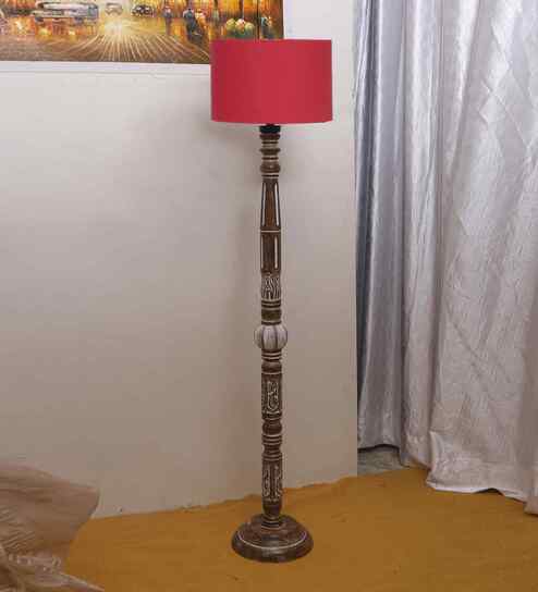 Red Cotton Drum Wooden Floor Lamp