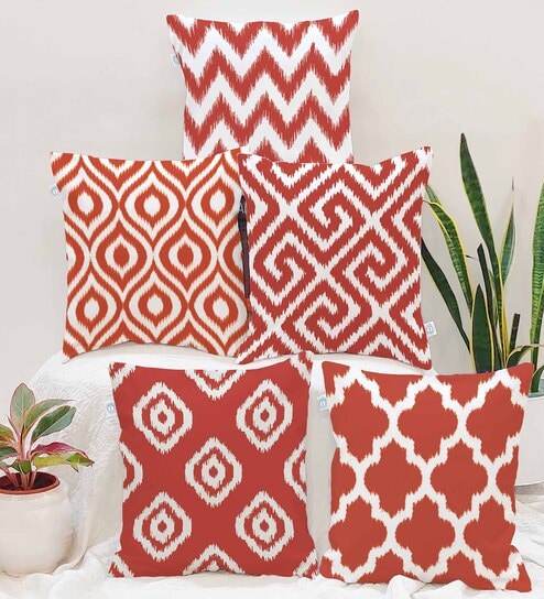 Red Cotton Geometric 16x16 inches Cushion Covers (Pack of 5)