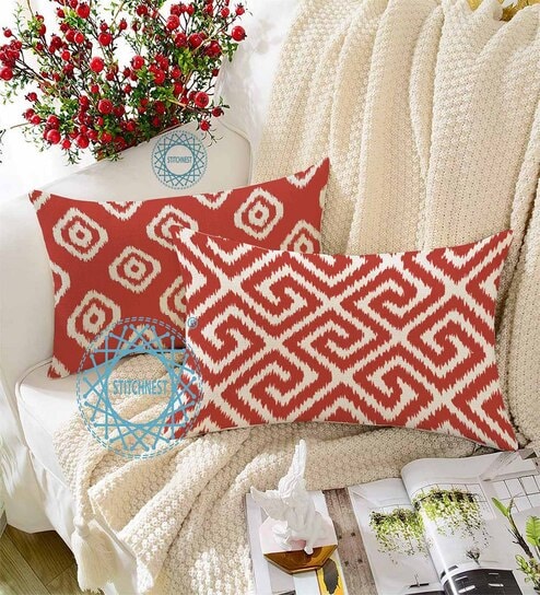 Red Cotton Geometric 18x12 inches Cushion Covers (Pack of 2)